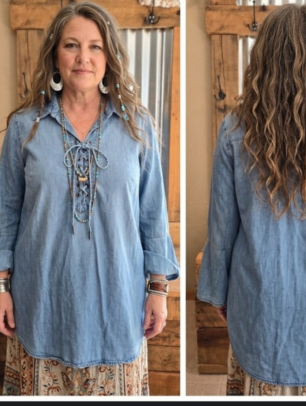 Chambray Peasant Blouse Tunic 1X 7 For All Mankind Hi-lo Hem
